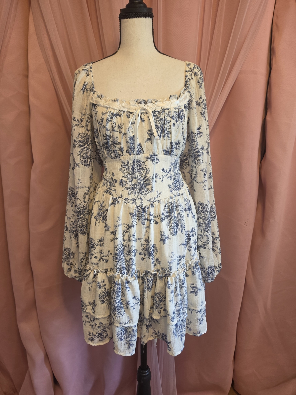 Altar'd State Blue & White Floral Square-Neck Long Sleeve Mini Dress